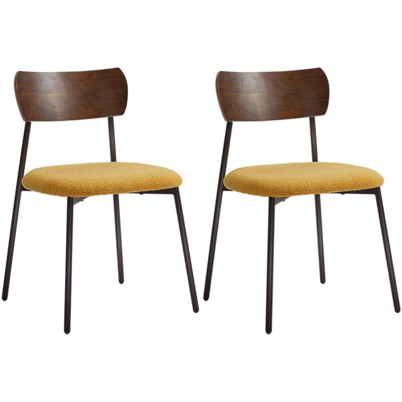 Lot de 2 chaises style vintage piètement structure métal noir dossier aspect bois assise effet laine bouclée jaune