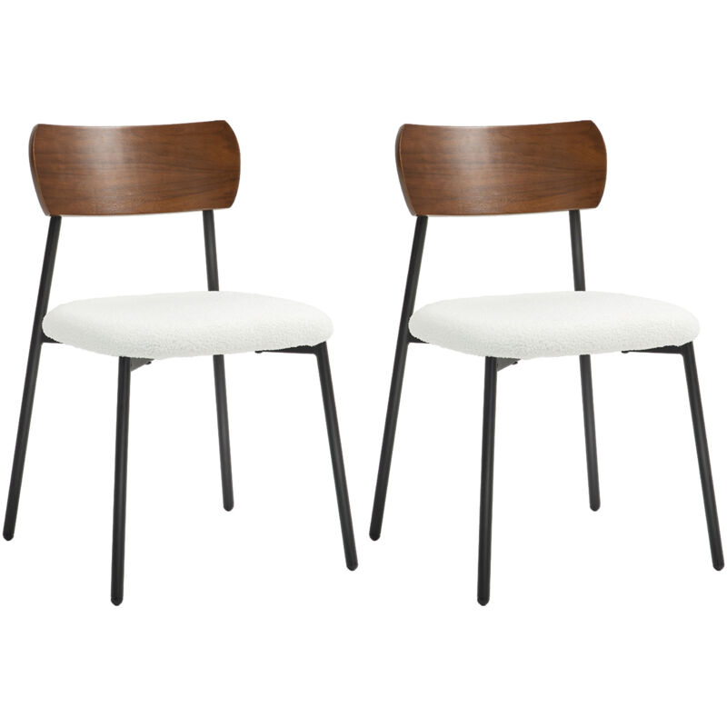 Lot de 2 chaises style vintage piètement structure métal noir dossier aspect bois assise effet laine bouclée blanc crème