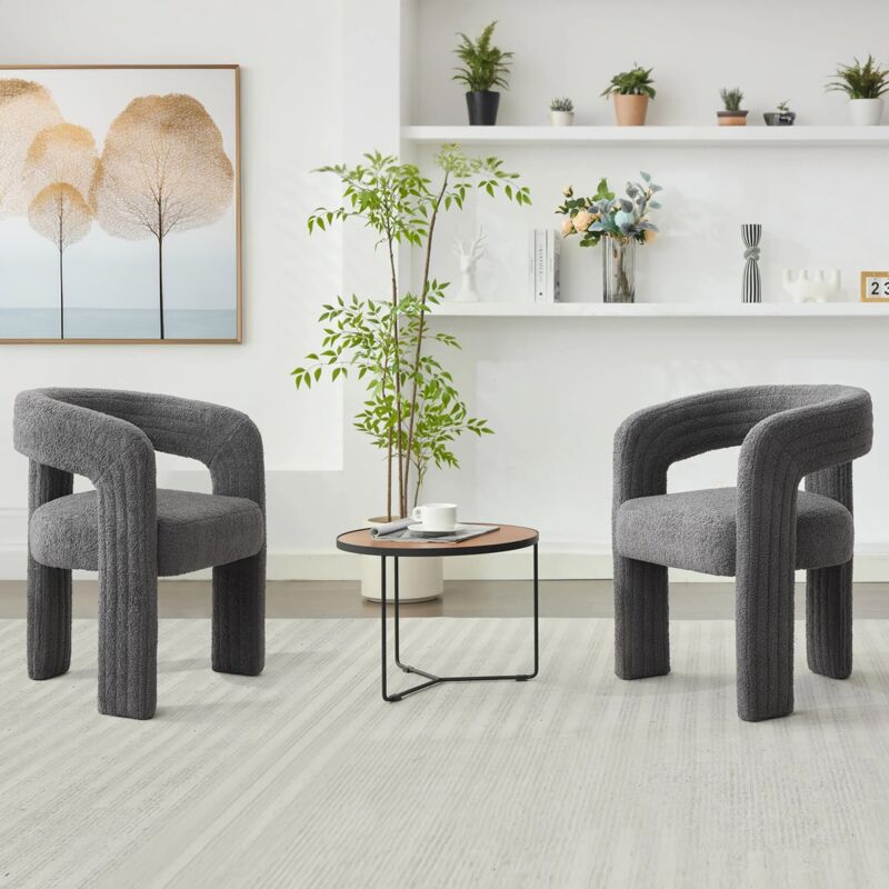 Tanant - Lot de 2 chaises - tissu sherpa, chaise de salle à manger avec dossier confortable, fauteuil de salon - Scandinave - Gris