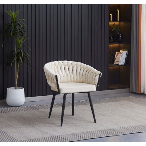 Lot de 2 chaises TRESSEES Velours Pied en métal noir - écru
