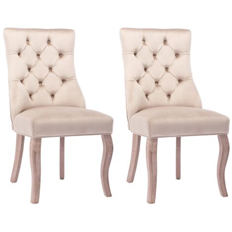 Lot de 2 chaises velours beige - Dossier haut surpiqûres boutons - Structure bois massif - Salle à manger