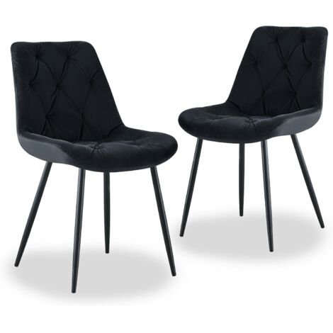 Lot de 2 chaises velours premium - Design rétro ergonomique - Dossier rembourré haute densité - Pieds métal anti-dérapants - Noir