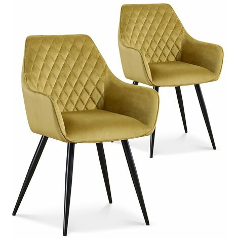 Intensedeco – Lot de 2 chaises Victoria en velours jaune moutarde – Pieds en métal noir – Hauteur d'assise 51 cm – Largeur 39.5 cm – Style art déco