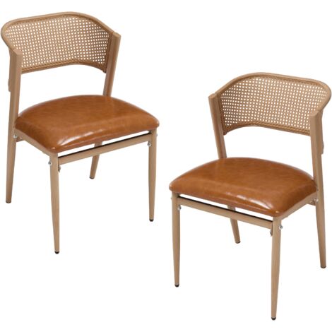 Lot de 2 chaises vintage en lin – Dossier en rotin tissé – Coussin en cuir PU – Pieds métalliques – Hauteur 81 cm, assise 49 cm, marron