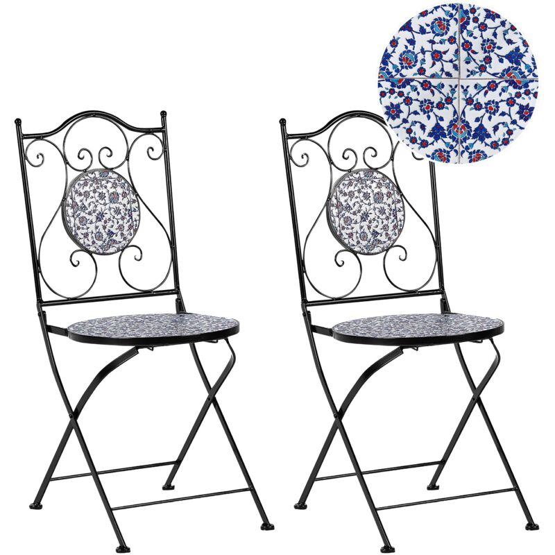 Lot de 2 Chaises Vintage en Métal Pliantes Motif Mosaïque Bleu Cadre en Fer Noir Camprena