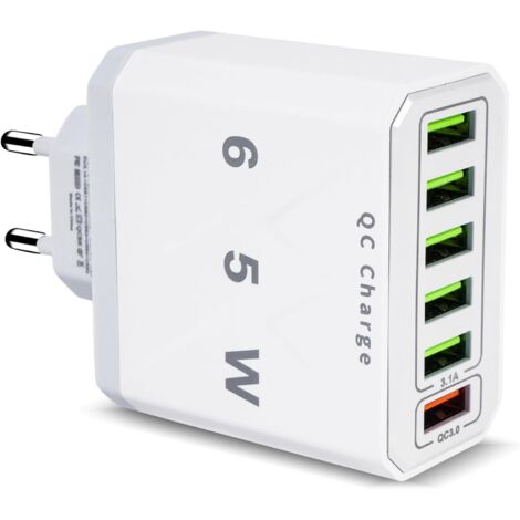 Lot de 2 Chargeur USB, 65W 6 Port Prise Chargeur Rapide QC 3.0 Fast Charger, Multiple Secteur Prise USB, Adaptateur Secteur pour Téléphones pour 15 Pro Max 14 Plus 13 12 11 SE XR, iPad, Samsung(Blanc,