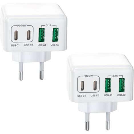 Lot de 2 chargeurs USB-C, 4 ports, chargeur rapide PD 3.0, adaptateur secteur 40 W, avec adaptateur secteur USB-A, pour iPhone 15, 14 Pro Max, 13, 12, 11, Mini SE, XS, XR, 8, iPad, Samsung, téléphones