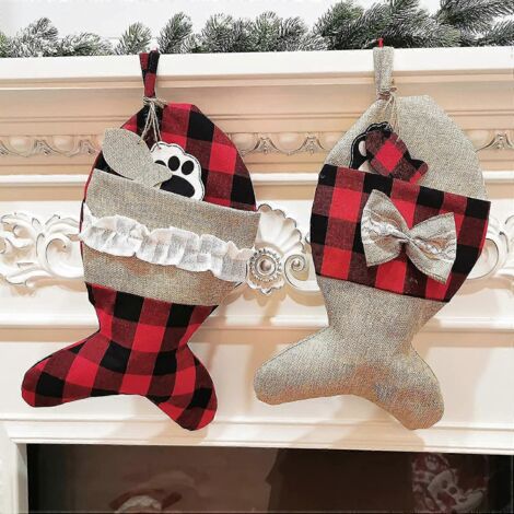 Lot de 2 chaussettes de Noël en toile de jute en forme de poisson, à suspendre au sapin de Noël ou à déposer dans un sac cadeau près de la cheminée.