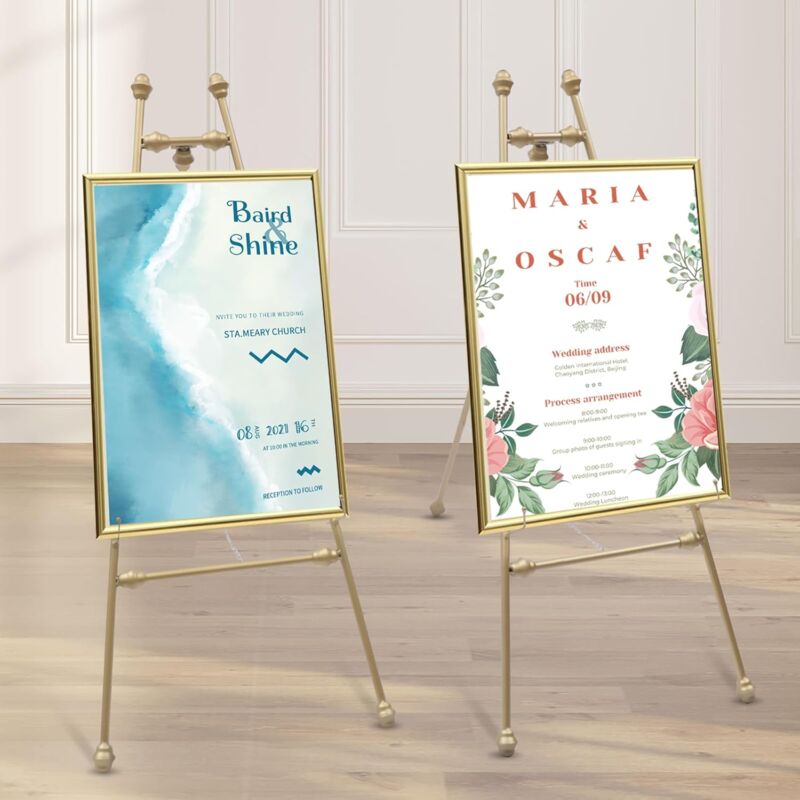 Gojoy - Lot de 2 chevalets pour panneaux de mariage et affiches - Support doré avec crochets réglables - Chevalet de mariage doré pour panneaux de