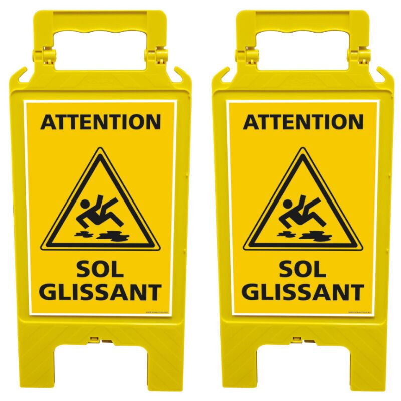 Lot de 2 chevalets attention sol glissant, Balise de signalisation pour surface glissante - Jaune