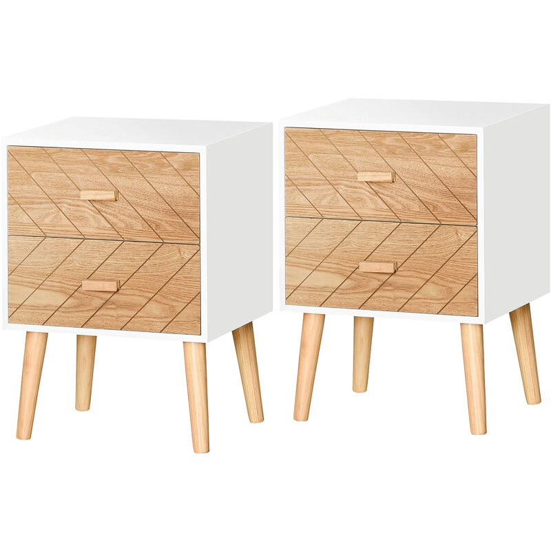 Lot de 2 chevets tables de nuit design scandinave - total 4 tiroirs - bois pin mdf blanc hêtre motif graphique