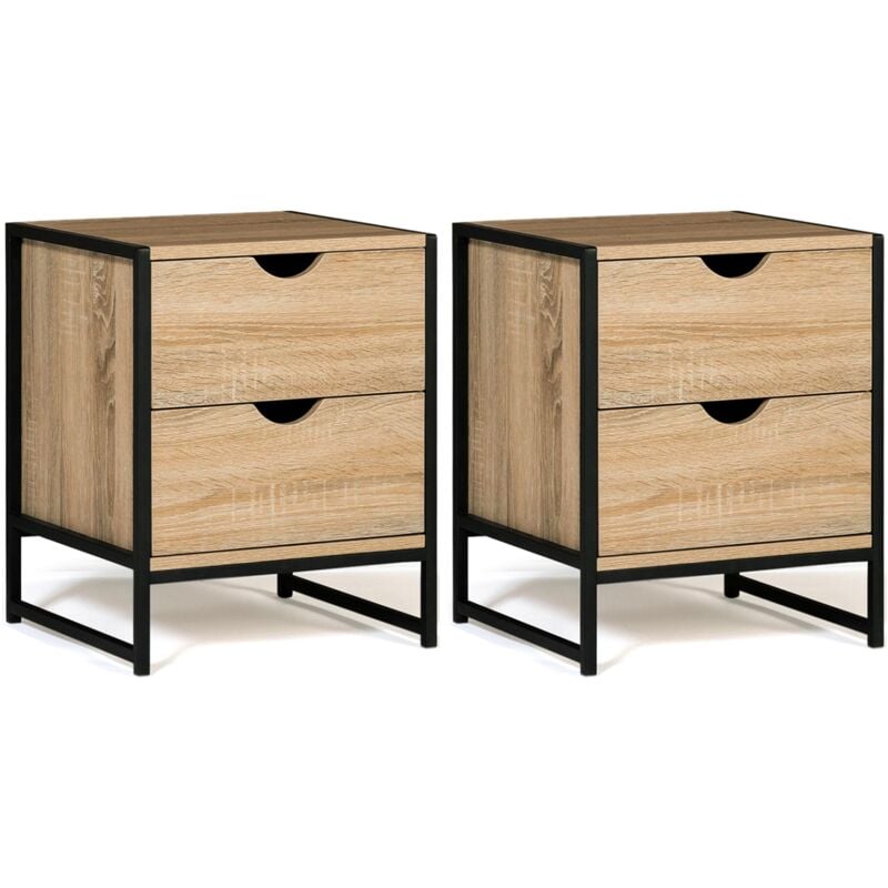 Lot de 2 tables de chevet detroit 2 tiroirs bois et métal noir design industriel