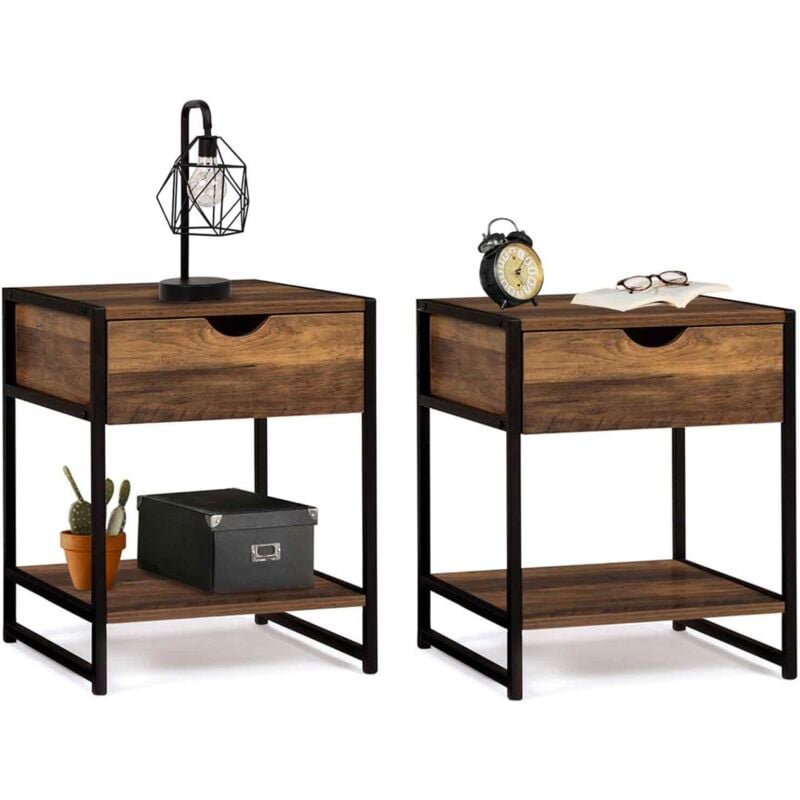 Lot de 2 tables de chevet hawkins 1 tiroir avec tablette bois foncé design industriel