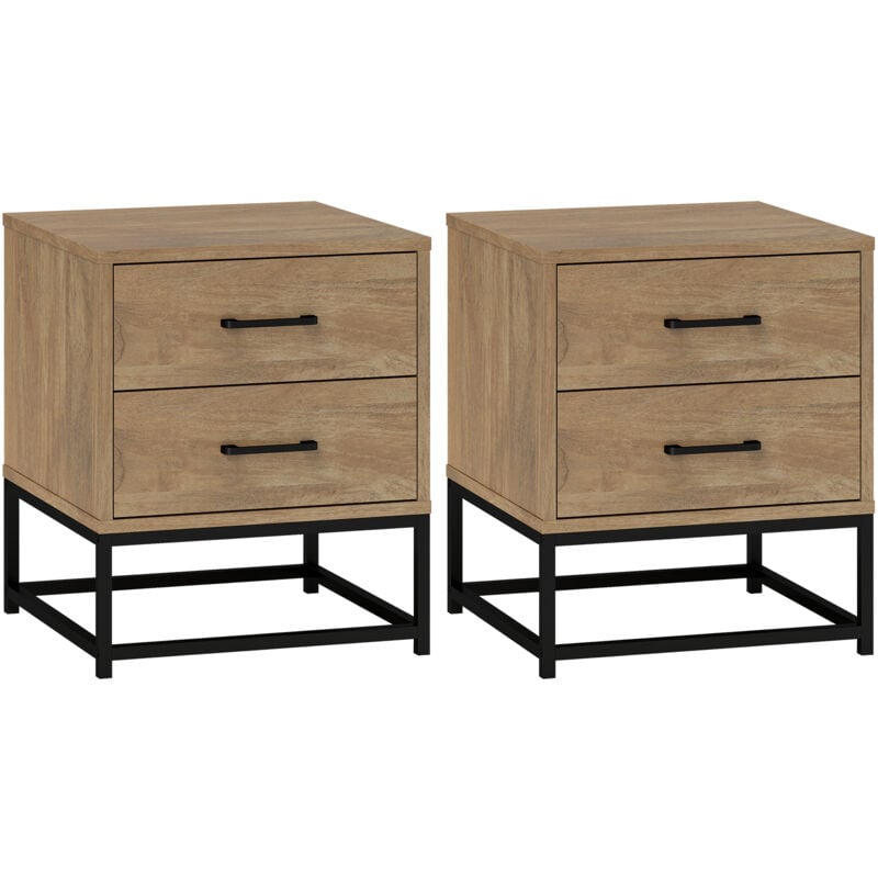 Lot de 2 chevets effet bois exotique - 2 tiroirs - piètement poignées métal noir