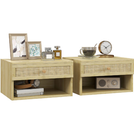 Lot de 2 chevets suspendus - tiroir, niche, plateau - cannage rotin aspect bois clair