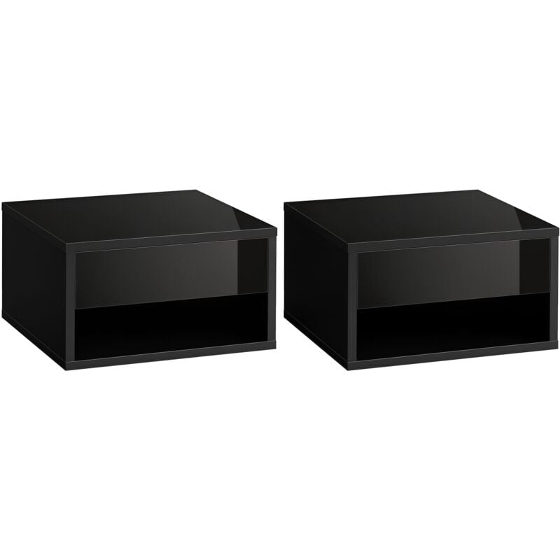 Lot de 2 chevets tables de nuit murales - tiroir coulissant, niche, plateau - dim. 37L x 32l x 21H cm - panneaux noir