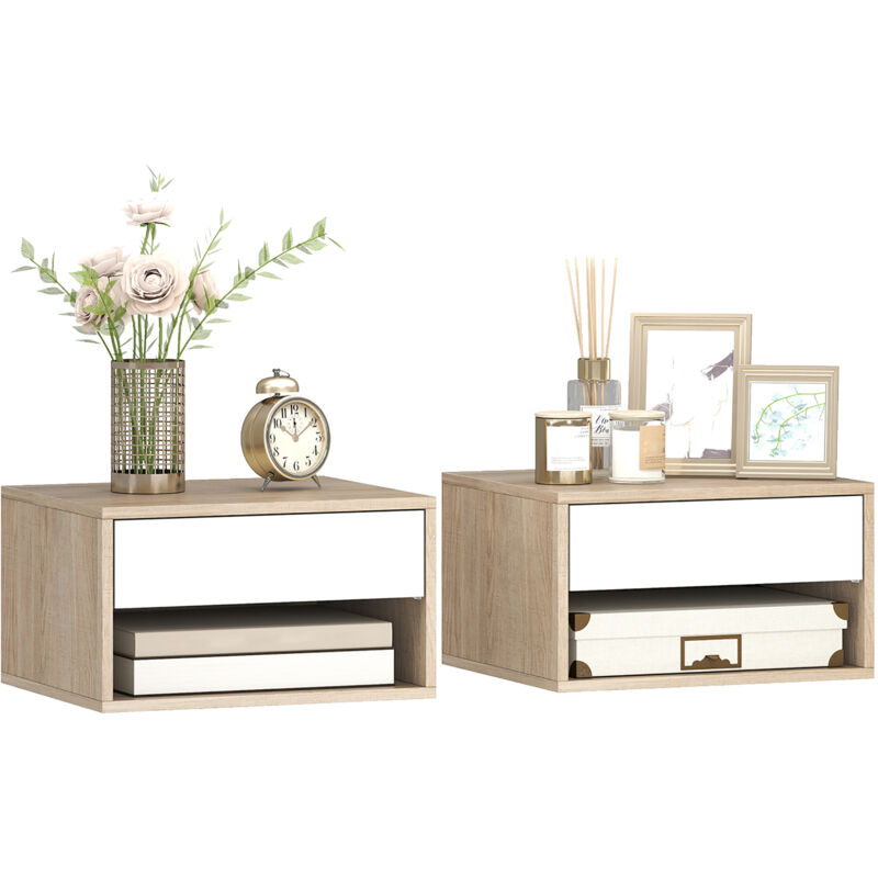 Lot de 2 tables de chevet murales - HOMCOM - tiroir compartiment ouvert plateau - panneau de particules - 37x32x21cm - bois naturel