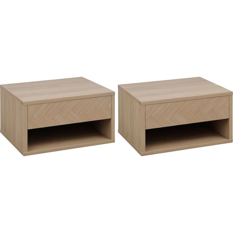 Lot de 2 chevets tables de nuit murales - tiroir coulissant, niche, plateau - dim. 37L x 32l x 21H cm - panneaux aspect chêne clair