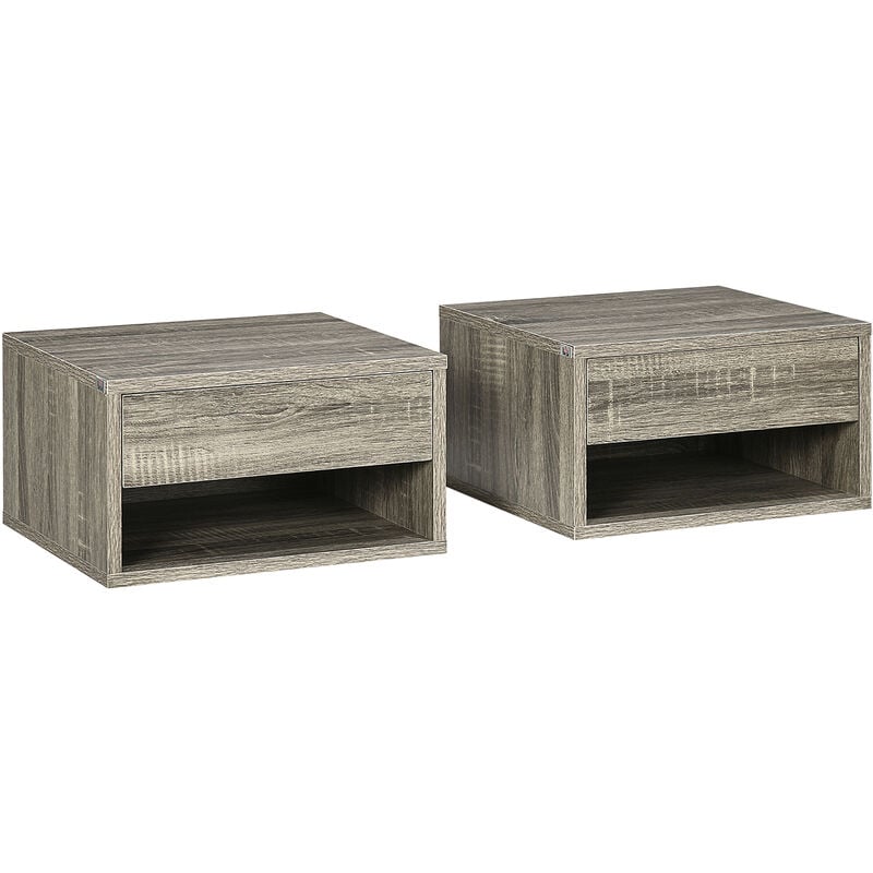 Lot de 2 chevets tables de nuit murales - tiroir coulissant, niche, plateau - dim. 37L x 32l x 21H cm - panneaux gris