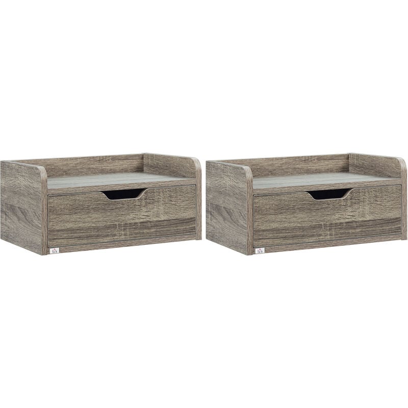 Lot de 2 chevets tables de nuit murales - tiroir coulissant, plateau - dim. 40L x 30l x 19H cm - panneaux aspect bois gris