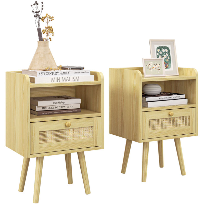 Homcom - Lot de 2 chevets tables de nuit style bohème cannage - tiroir, niche - bois de pin effet bois clair