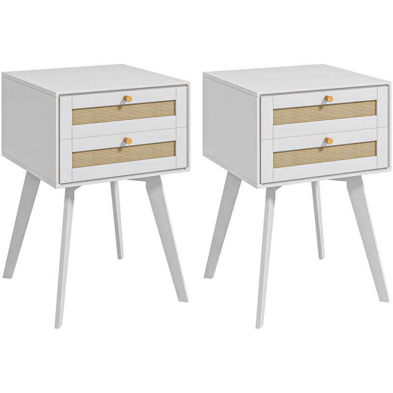 Lot de 2 chevets tables de nuit style bohème chic - 2 tiroirs - mdf blanc cannage en rotin