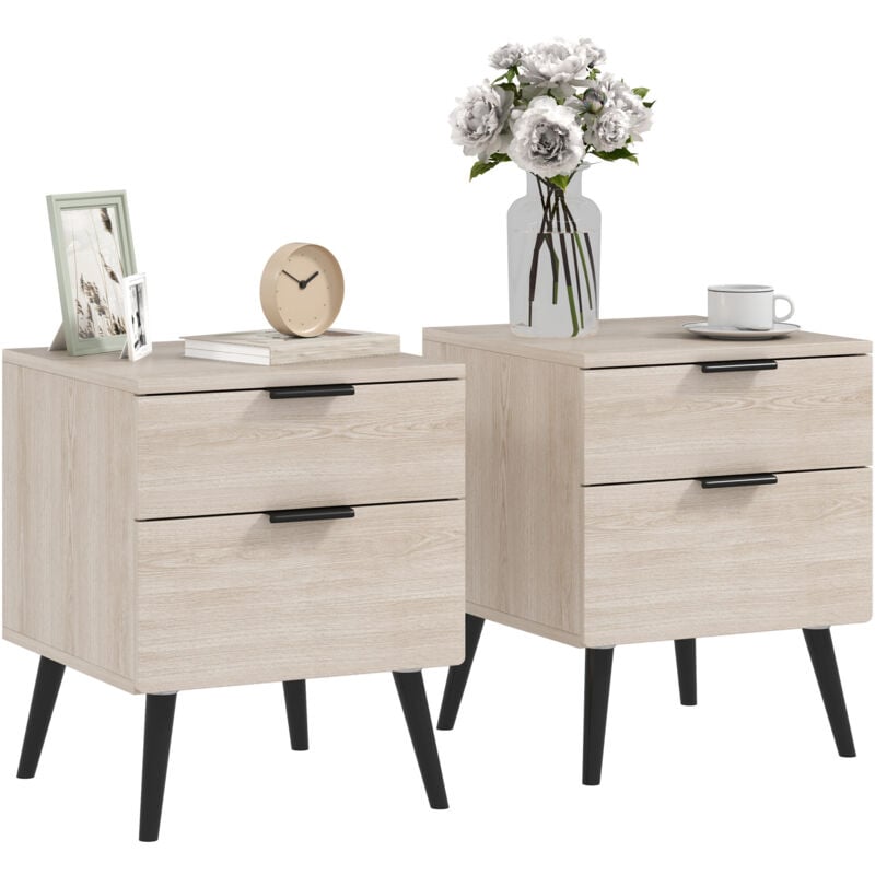 Lot de 2 chevets tables de nuit style nordique - 2 tiroirs - piètement effilé bois noir aspect chêne clair
