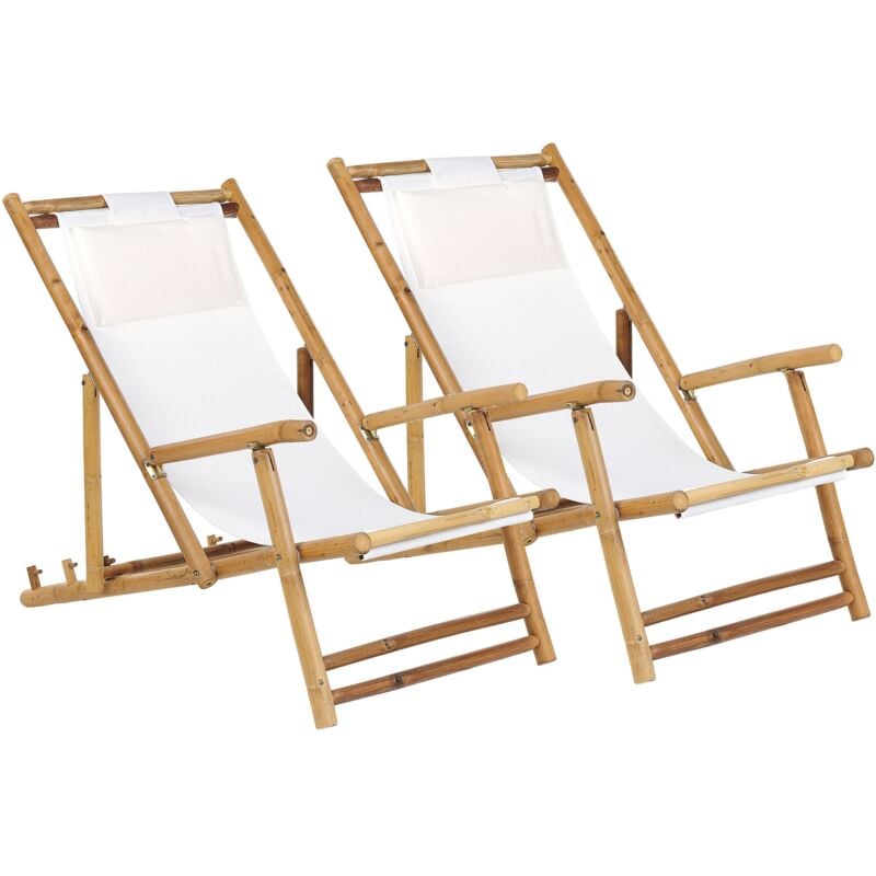 2 Transats Chaises Chiliennes Pliantes et Réglables en Bambou Clair et Tissue Blanc Cassé avec Accoudoirs pour Extérieurs Modernes Beliani
