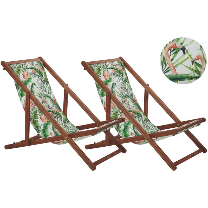 Lot de 2 Transats en Bois d'Acacia Foncé et Polyester Vert et Rose Anzio