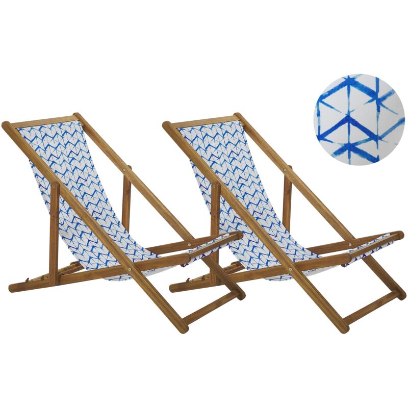 Lot de 2 Transats en Bois d'Acacia Clair et Polyester Bleu et Blanc Anzio