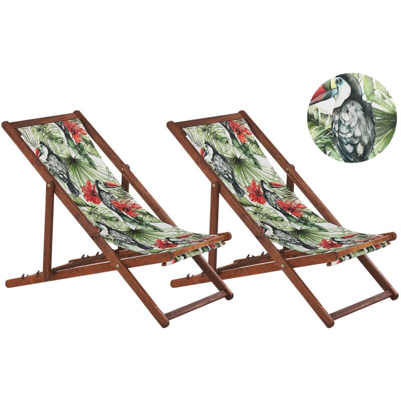 Beliani - Lot de 2 Chiliennes Pliantes Acacia Foncé Motif Toucans Anzio
