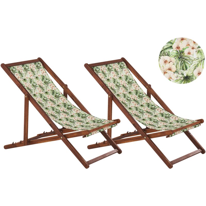 Lot de 2 Chiliennes Pliantes Acacia Foncé Motif Feuillage Fleurs Anzio