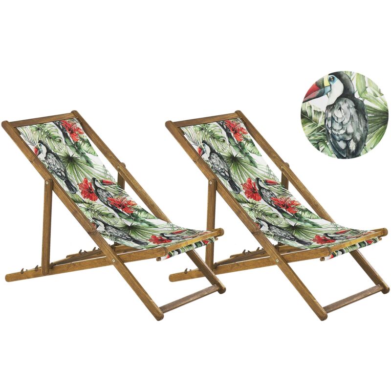 Beliani - Lot de 2 Chiliennes Pliantes Acacia Clair Motif Toucans Anzio