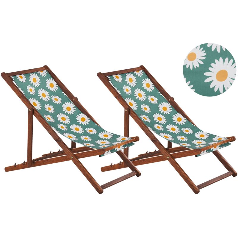 Beliani - Lot de 2 Chiliennes Pliantes Acacia Foncé Motif Paquerette Anzio