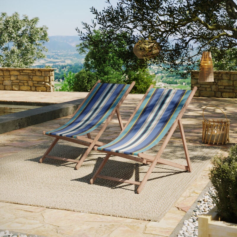 Lot de 2 chiliennes pliantes règlables - 100% acrylique - bois hêtre - Bleu/Blanc - paros