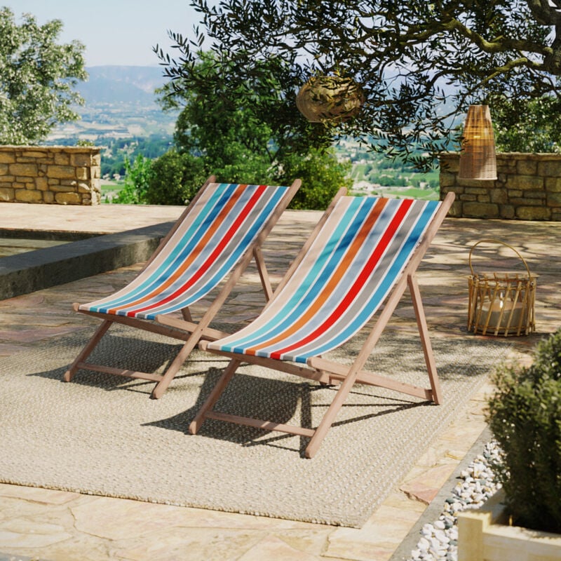 Lot de 2 chiliennes pliantes règlables - 100% acrylique - bois hêtre - Bleu/Orange - garlin peche