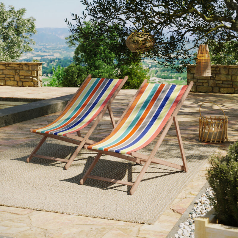 Lot de 2 chiliennes pliantes règlables - 100% acrylique - bois hêtre - Jaune/Orange - GARLIN ANANAS