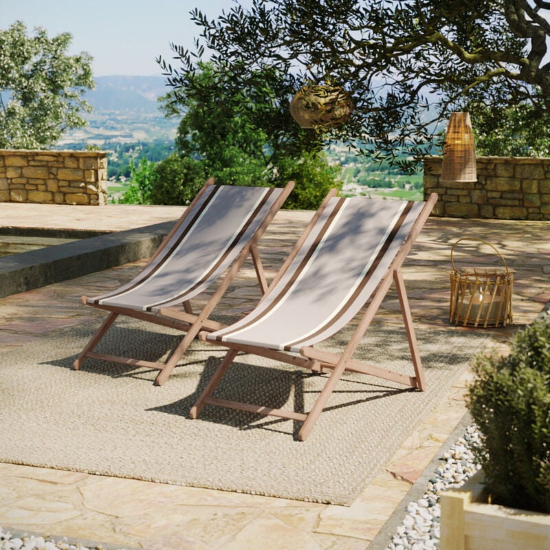 Lot de 2 chiliennes pliantes règlables - 100% acrylique - bois hêtre - Gris/Marron - aurice gris