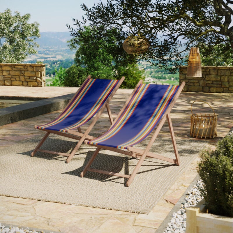 Lot de 2 chiliennes pliantes règlables - 100% acrylique - bois hêtre - Bleu/Orange - mauleon mediterranee