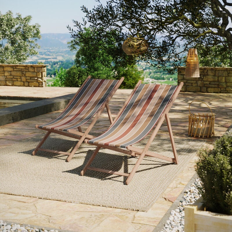 Lot de 2 chiliennes pliantes règlables - 100% acrylique - bois hêtre - Rouge/Marron - jersey