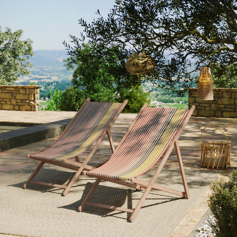 Lot de 2 chiliennes pliantes règlables - 100 % coton - bois hêtre - multicolore - biaudos