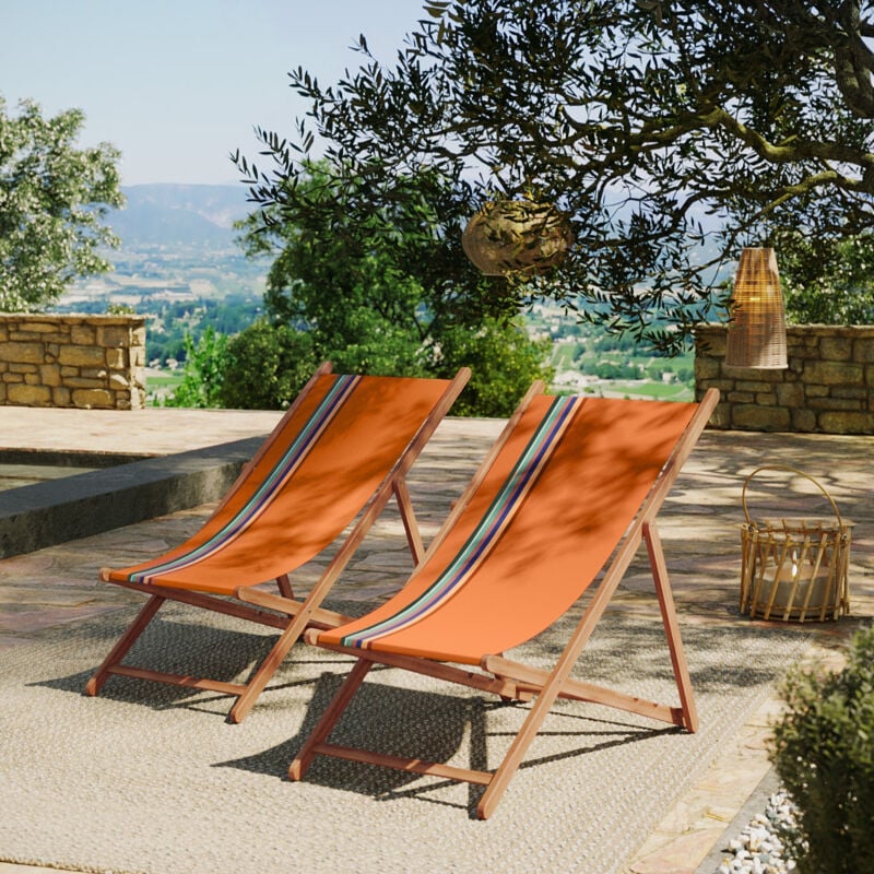 Lot de 2 chiliennes pliantes règlables - 100 % coton - bois hêtre - multicolore - mauleon epice