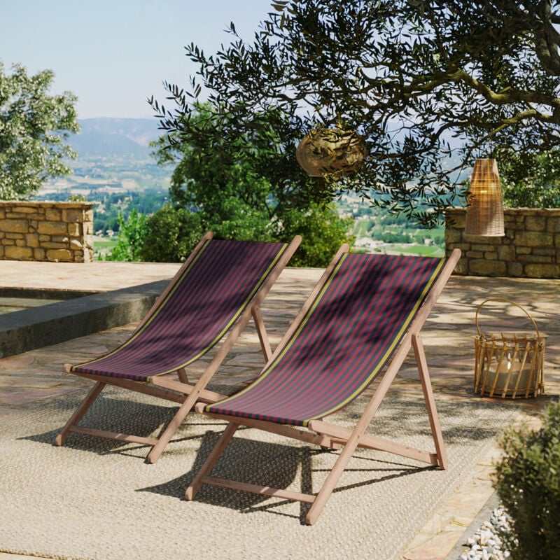 Lot de 2 chiliennes pliantes règlables - 100 % coton - bois hêtre - rouge - sauvelade bleu do