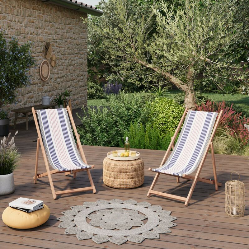 Lot de 2 chiliennes pliantes réglables - Structure hêtre toile 100 % acrylique amovible - santorin