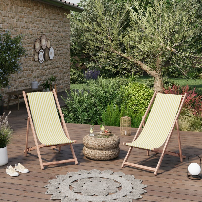 Lot de 2 chiliennes pliantes réglables - Structure hêtre toile 100 % coton amovible - lacquy