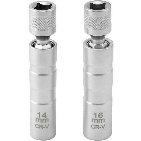 Lot de 2 Cle a Bougie Magnétique 16mm/14mm Longue, Extracteur de Douille Bougie, 3/8" -10mm Flexible Clés à Bougie, 12 Points Outil de Retrait de Bougie D'allumage, pour Voitures