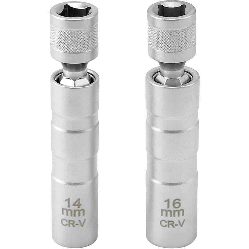 Lot de 2 Cle a Bougie Magnétique 16mm/14mm Longue, Extracteur de Douille Bougie, 3/8' -10mm Flexible Clés à Bougie, 12 Points Outil de Retrait de