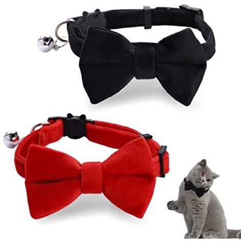 Lot de 2 colliers en velours pour chat avec clochette et nœud papillon, colliers réglables pour chat, chaton, petit chiot, nœud papillon de sécurité, couleur unie, pour mariage