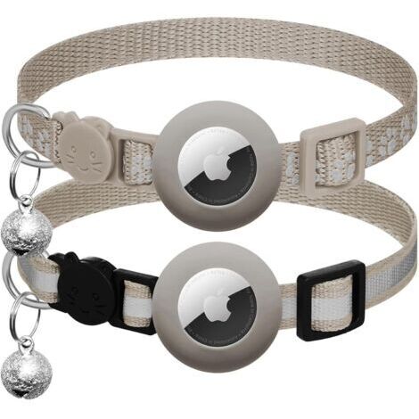 Lot de 2 colliers pour Apple AirTag pour chat avec clochette, collier réfléchissant pour chat avec support Airtag, réglable de 17,8 à 30,5 cm, avec boucle de sécurité - Gris