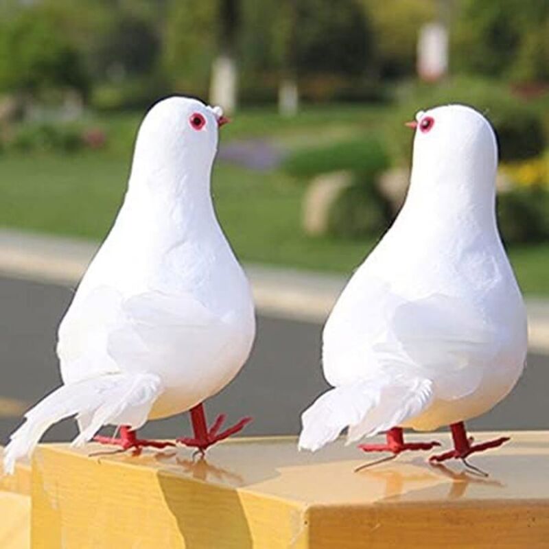 Lot de 2 colombes artificielles avec plumes - Décoration - Plume de pigeon - Oiseau - Statue artisanale